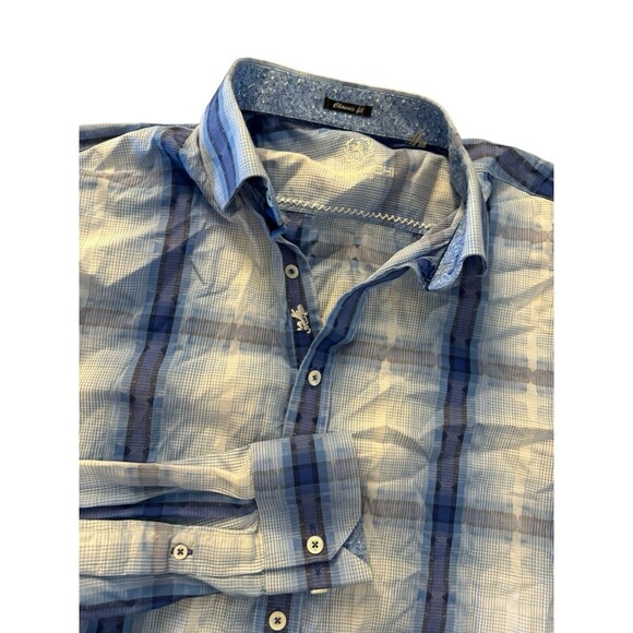Bugatchi Uomo Men's Blue Linen Plaid Short Sleeve Classic Fit Button Up L Shirt - Picture 3 of 15